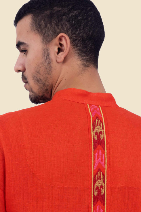 Long jellabiya in linen with high neckline with slit