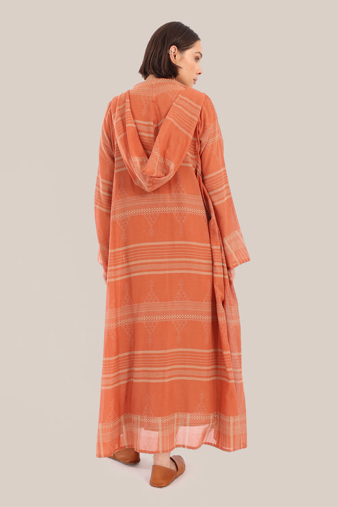 Long hooded coat in printed cotton