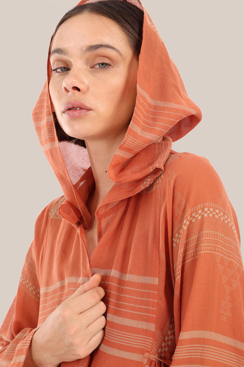 Long hooded coat in printed cotton