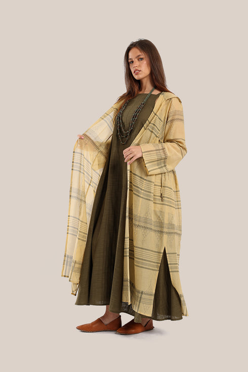 Long hooded coat in printed cotton