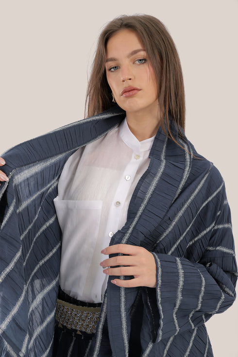 Striped coat with draped collar and  long sleeves