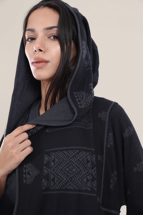 Reversible jacquard coat with hoodie