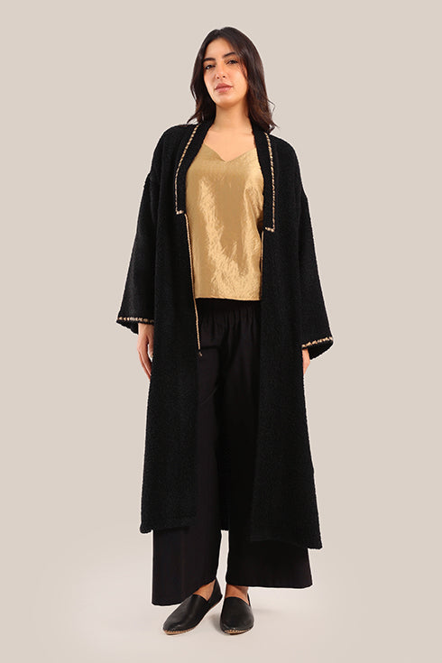 Embroidered wool blend bouclette coat
