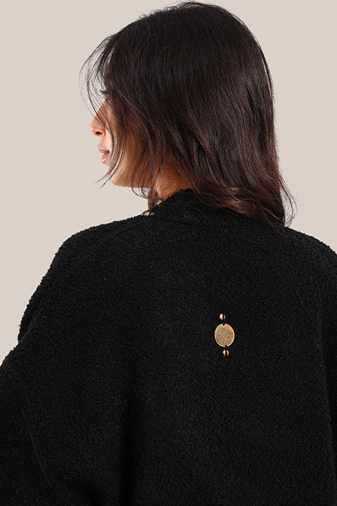 Embroidered wool blend bouclette coat