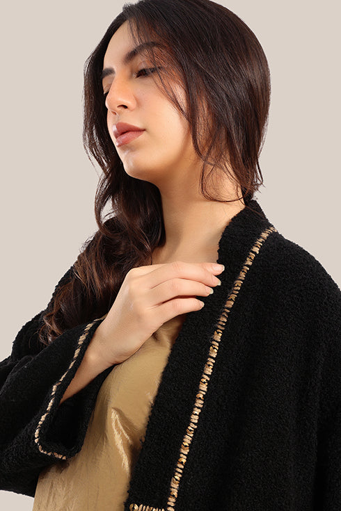 Embroidered wool blend bouclette coat