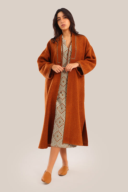 Embroidered wool blend bouclette coat
