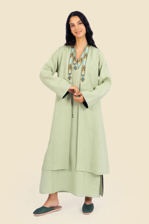 Embroidered long sleeves coat in linen