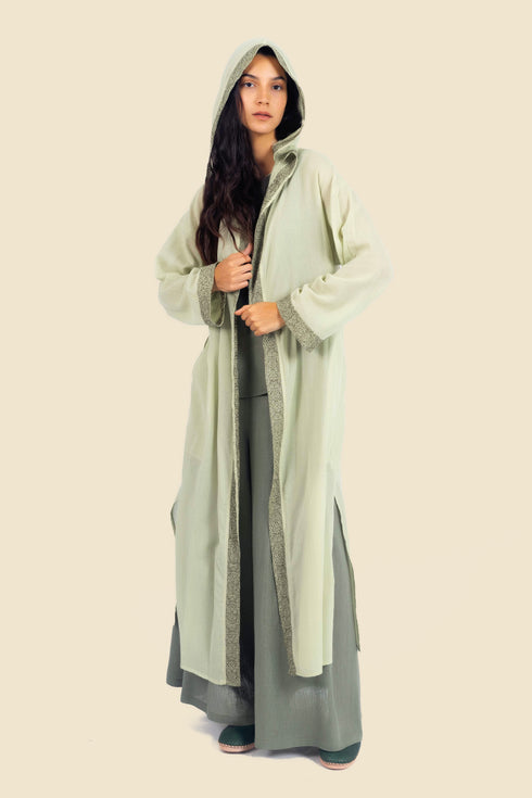 Embroidered long coat in cotton with hoodie