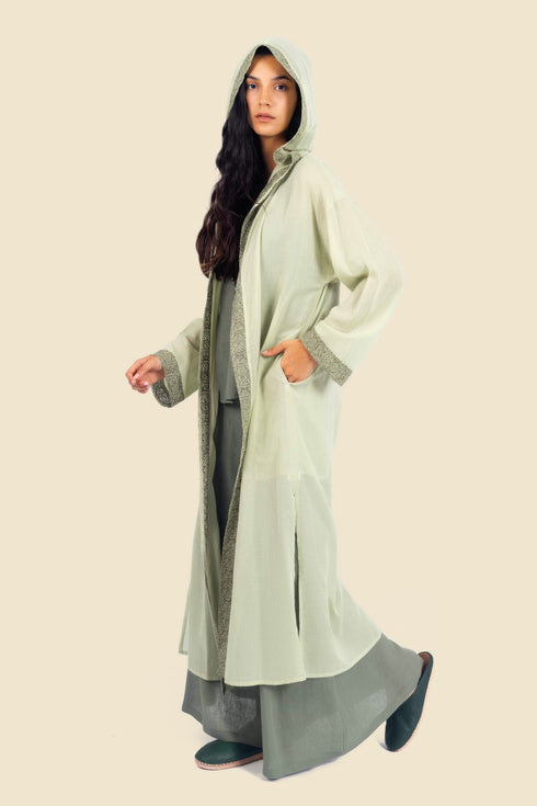 Embroidered long coat in cotton with hoodie