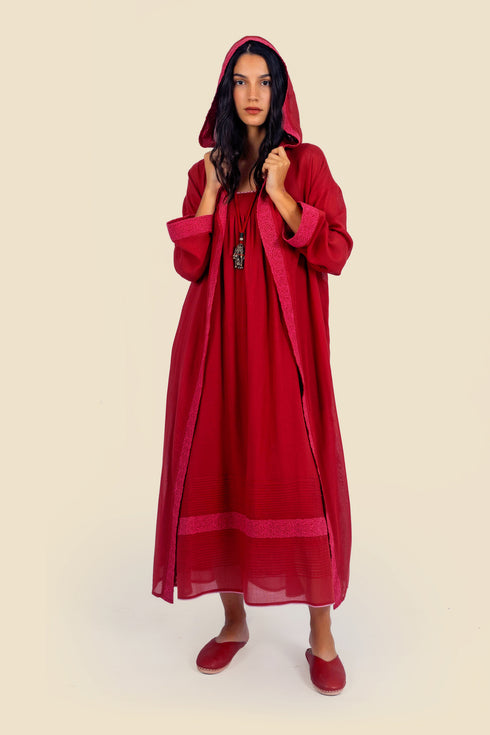 Embroidered long coat in cotton with hoodie