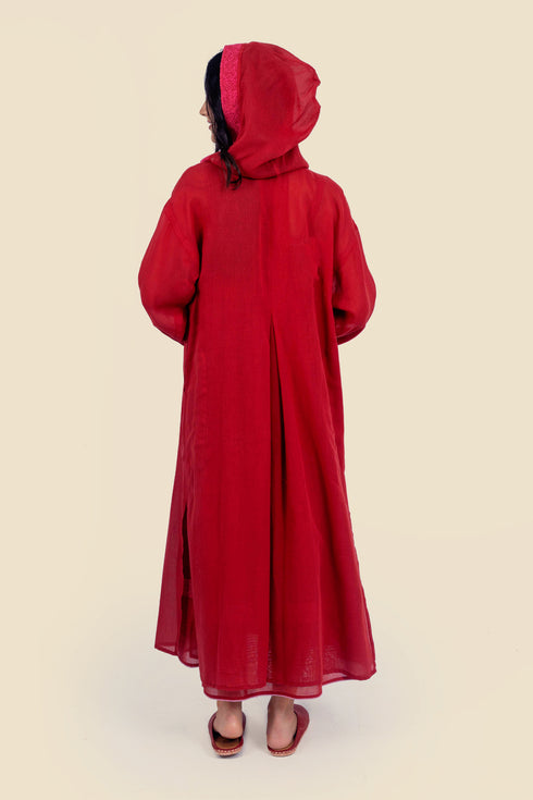 Embroidered long coat in cotton with hoodie