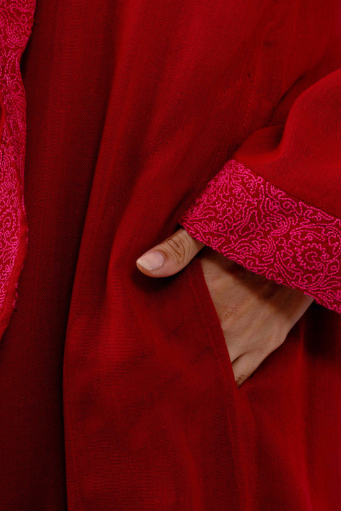 Embroidered long coat in cotton with hoodie