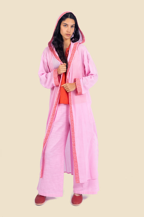 Embroidered long coat in cotton with hoodie