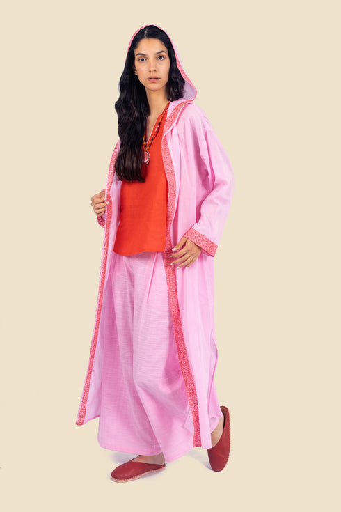 Embroidered long coat in cotton with hoodie