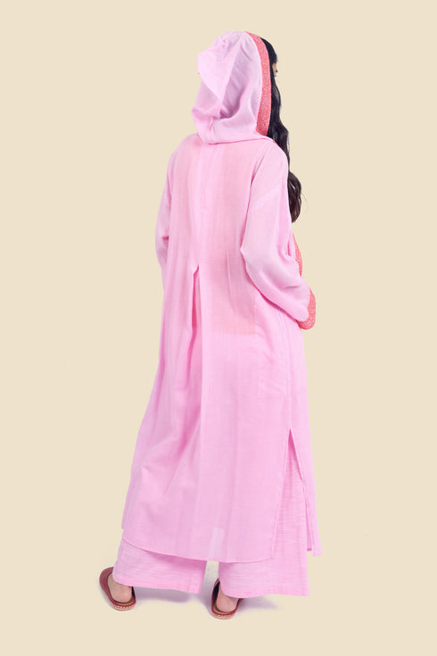 Embroidered long coat in cotton with hoodie