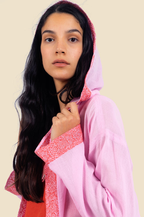 Embroidered long coat in cotton with hoodie