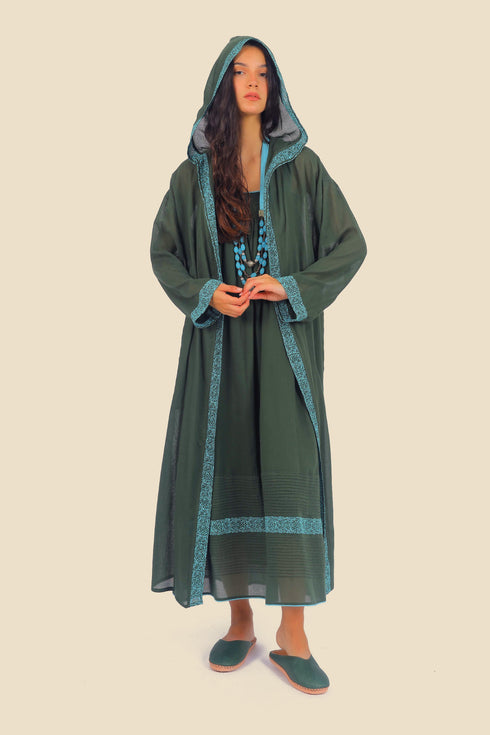 Embroidered long coat in cotton with hoodie