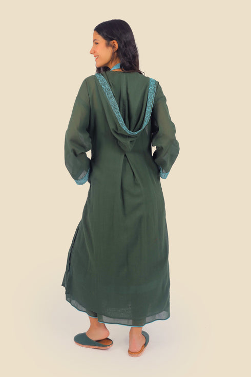 Embroidered long coat in cotton with hoodie