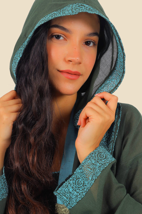 Embroidered long coat in cotton with hoodie