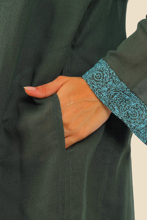 Embroidered long coat in cotton with hoodie