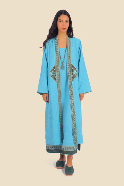 Applique embroidery coat in cotton slub