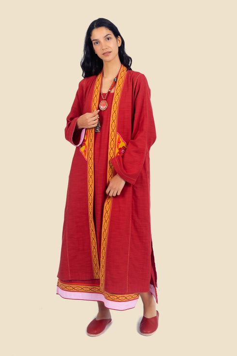 Applique embroidery coat in cotton slub