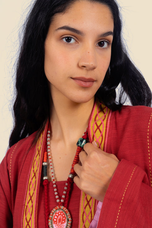 Applique embroidery coat in cotton slub