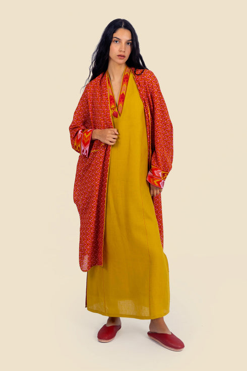 Coat in printed cotton gauze contrast color trims