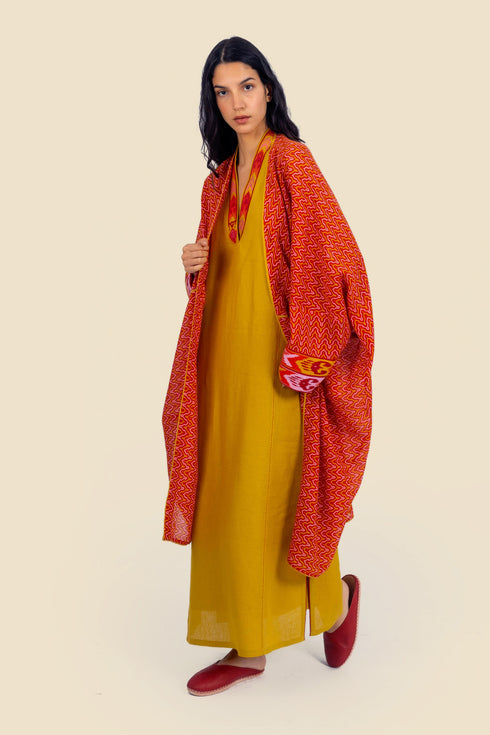 Coat in printed cotton gauze contrast color trims