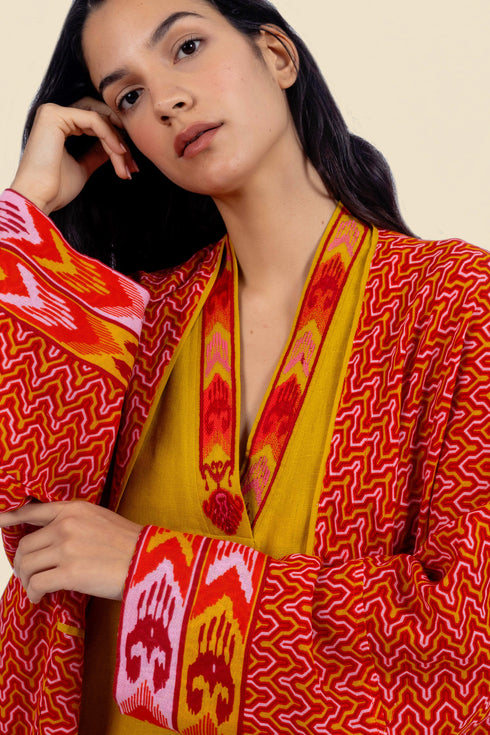 Coat in printed cotton gauze contrast color trims