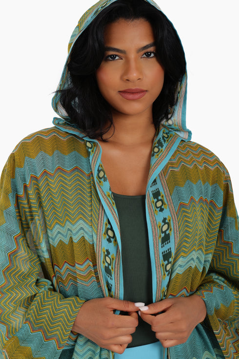 Long printed over sized coat with hoodie and pockets