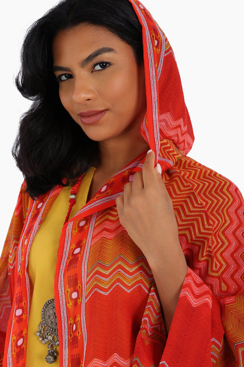 Long printed over sized coat with hoodie and pockets