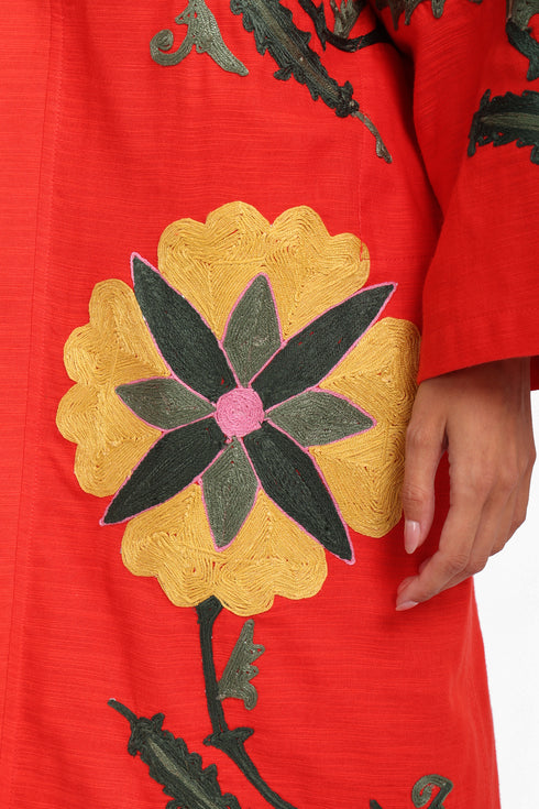 Fully embroidered short coat in cotton slub with pockets