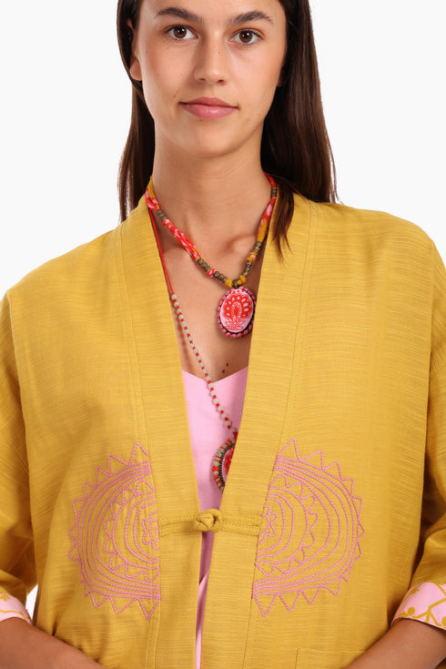 Embroidered short jacket in cotton with 3/4 sleeves