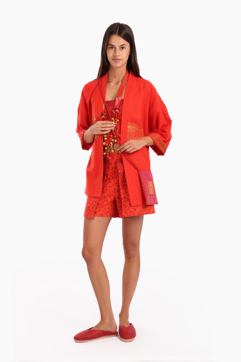 Embroidered short jacket in cotton with 3/4 sleeves