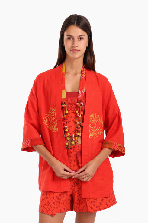 Embroidered short jacket in cotton with 3/4 sleeves