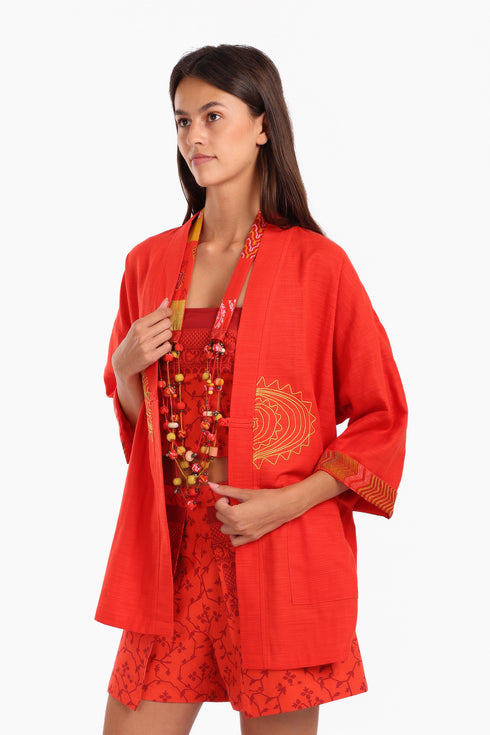Embroidered short jacket in cotton with 3/4 sleeves