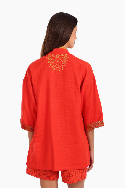 Embroidered short jacket in cotton with 3/4 sleeves