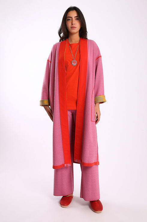 Reversible long coat in cotton blend jacquard with pockets