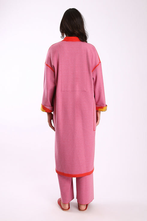 Reversible long coat in cotton blend jacquard with pockets