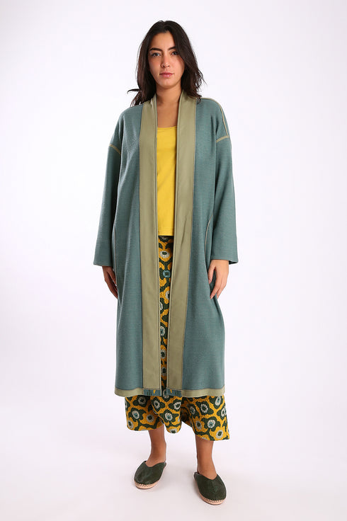 Reversible long coat in cotton blend jacquard with pockets