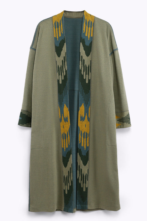 Reversible long coat in cotton blend jacquard with pockets