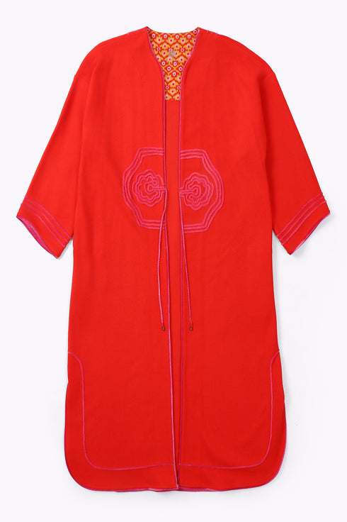 Embroidered long coat in cotton and viscose cashmere with pockets