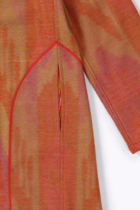 Reversible long coat in cotton blend patterned jacquard