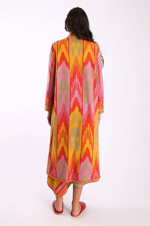 Reversible long coat in cotton blend patterned jacquard
