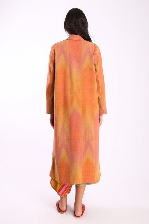 Reversible long coat in cotton blend patterned jacquard