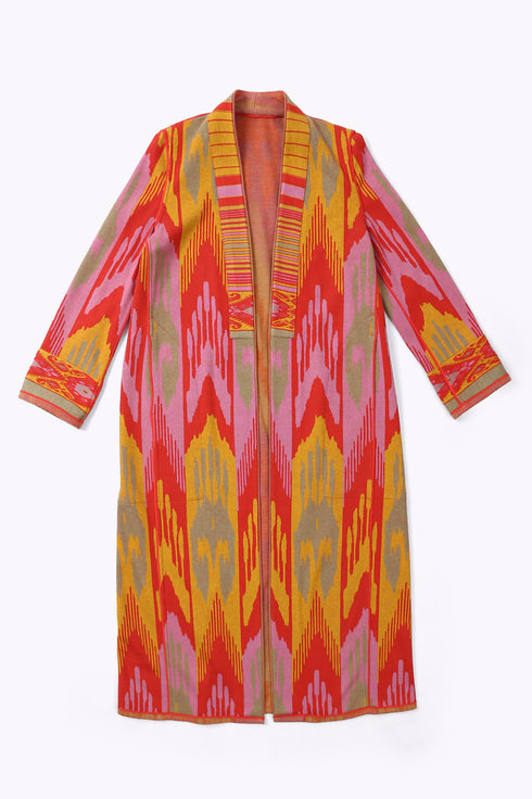 Reversible long coat in cotton blend patterned jacquard