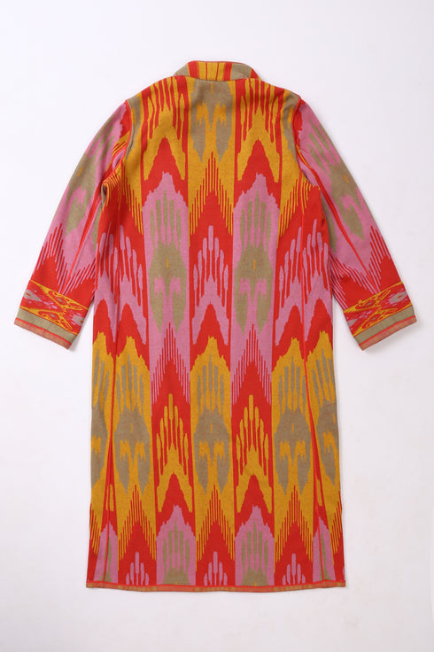 Reversible long coat in cotton blend patterned jacquard