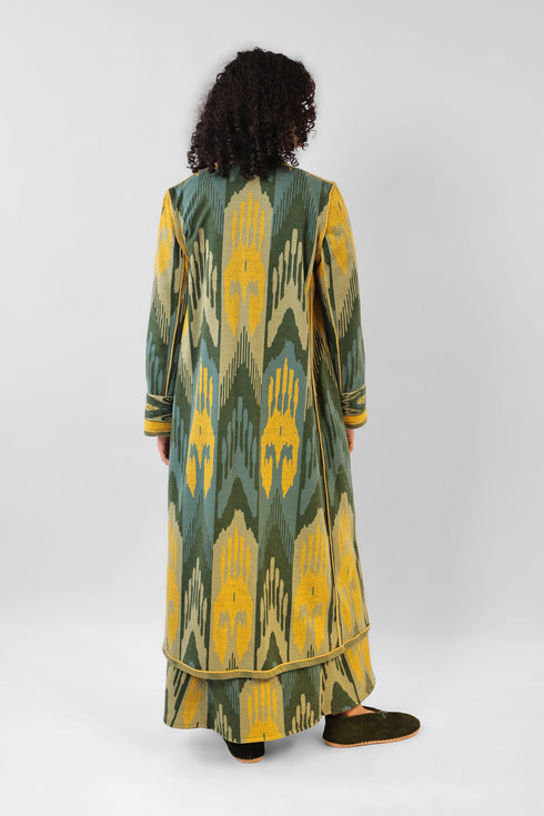 Reversible long coat in cotton blend patterned jacquard