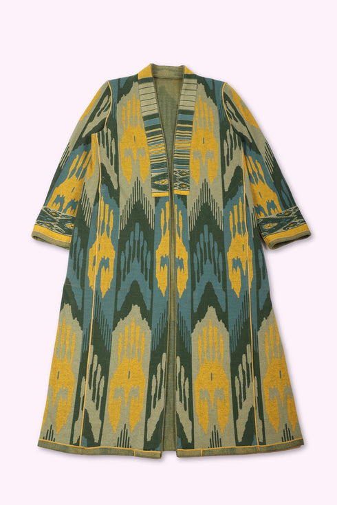 Reversible long coat in cotton blend patterned jacquard